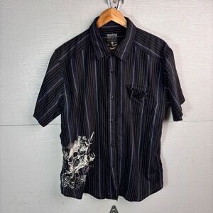 2000s Machine Skull Graphic Pinstripe Button Up Shirt Y2K Grunge Large